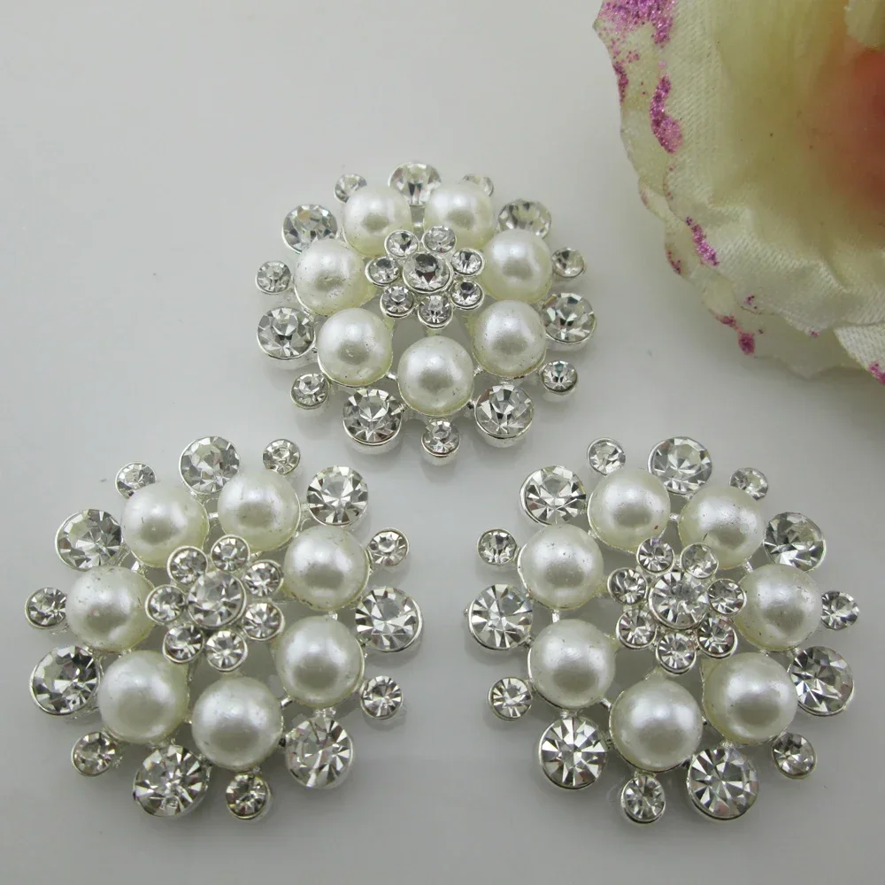 Faux White Pearl Flower Metal Buttons Embellishments Flatback For Craft Clear Rhinestone Buttons Sewing Craft Scrapbooking