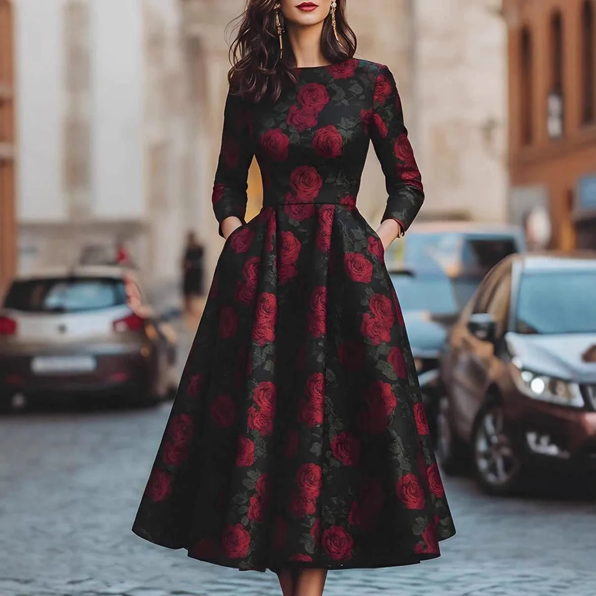 فستان أمريكي ريترو مطبوع عليه زهور للنساء أنيق للحفلات والنوادي وحفلات الزفاف على شكل حرف A فستان متوسط الطول بأكمام طويلة ورقبة دائرية #3