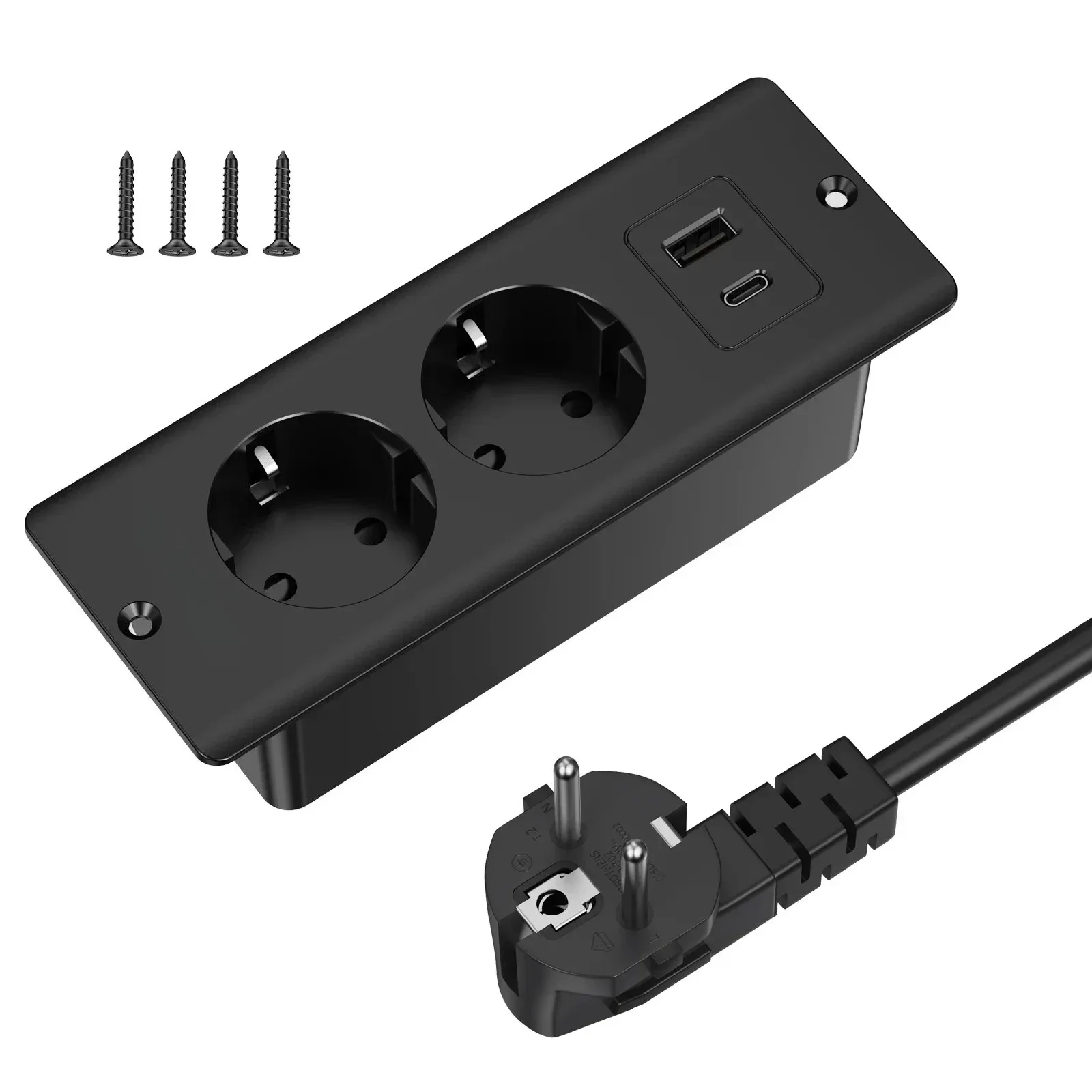 

EU Recessed Power Outlet Built-in Hidden Desktop Socket 1 USB-A 1 Type-C Ports With 2M Extension Cord For Home Office Kitchen