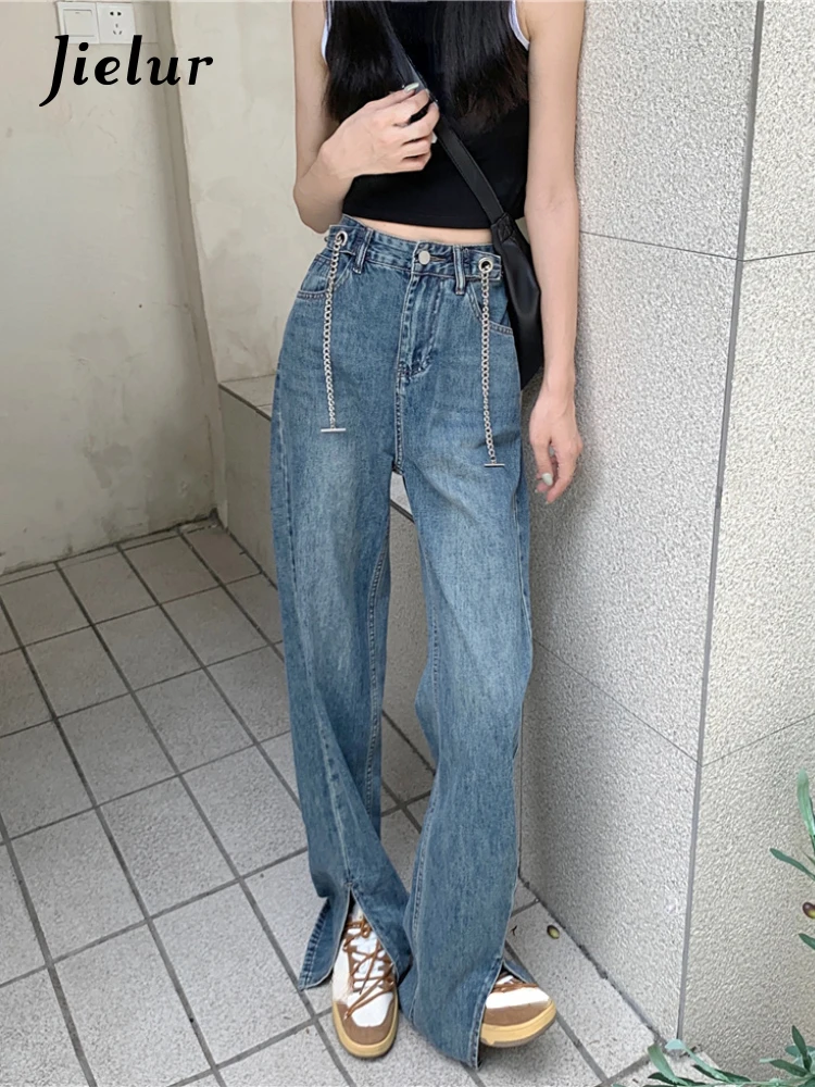 

Jielur Fashion Wide Leg Pants Women Chain Design Korean Style Slim Denim Trousers Casual High Waist Baggy Jeans Female Chic