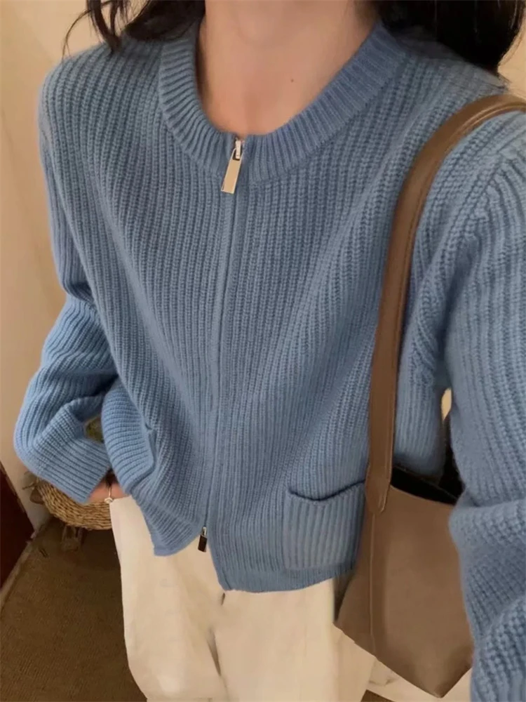 

Новый женский вязаный однотонный кардиган из 100% мериносовой шерсти с круглым вырезом и двойной молнией, толстый кардиган с карманами, удобный топ, теплая одежда