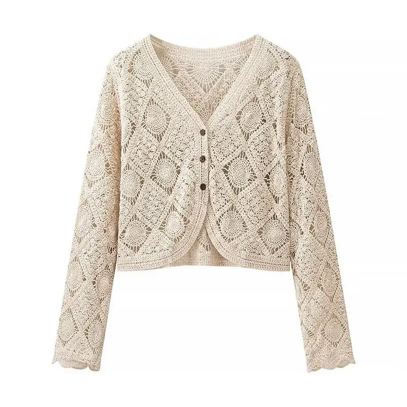 

Fashion Women Sun Protection Shirt Vintage Hook Flower Hollow Out Blouse Spring Summer Long Sleeve Knitted Cardigan Shirt
