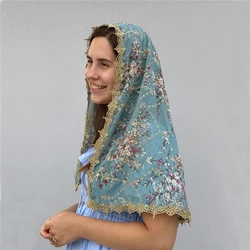 Triangle D Shape Vintage Chiffon Mantilla Veils For Church Women Cathedral Mass Head Covering Gold Colorful Floral Chapel Blue