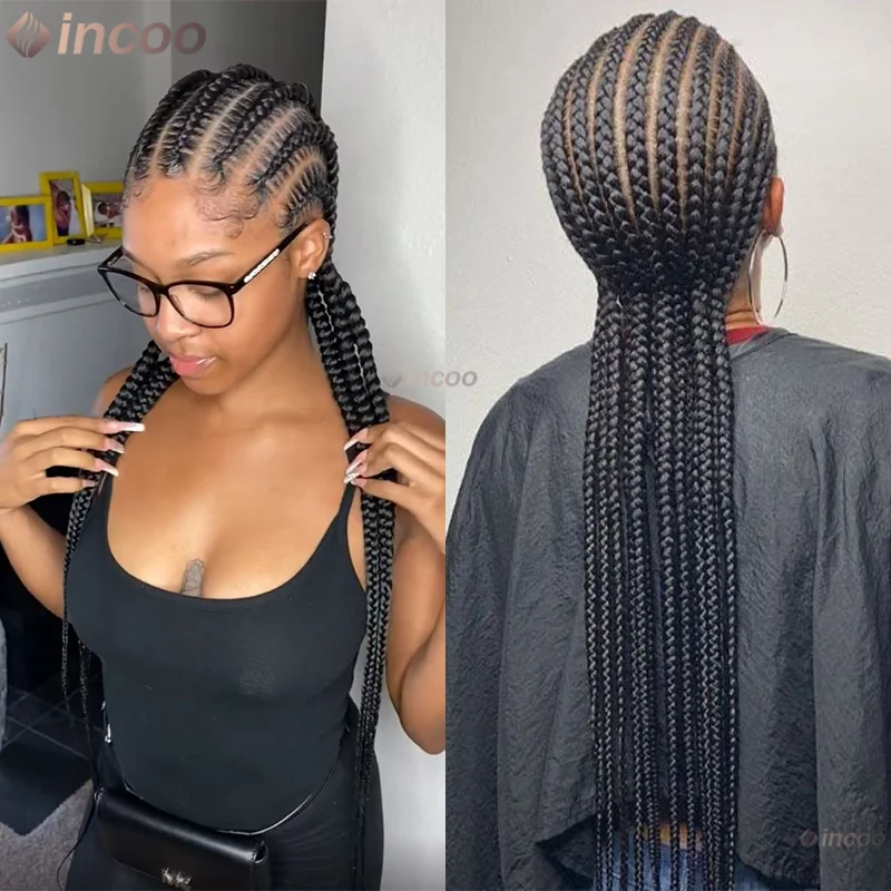 36インチ コーンロウブレイズ ベビーヘア付き 合成ウィッグ 360フルレースウィッグ 黒人女性用 ボックスブレイズ ブラックウィッグ