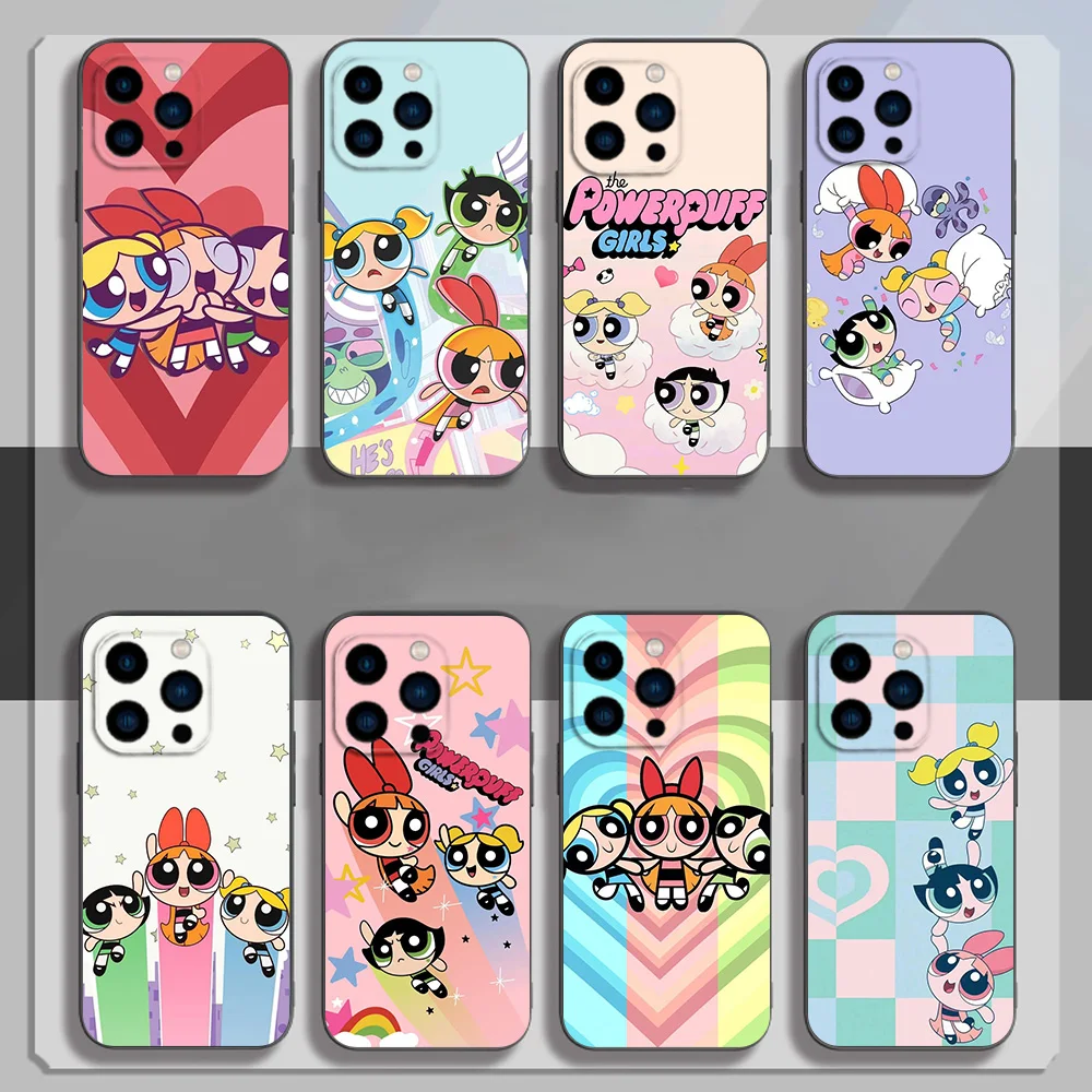 Cute T-The P-Powerpuff G-Girls Phone Case for iPhone 12 11 13 14 15 16 Max Pro Plus Black Soft Silicone Cover