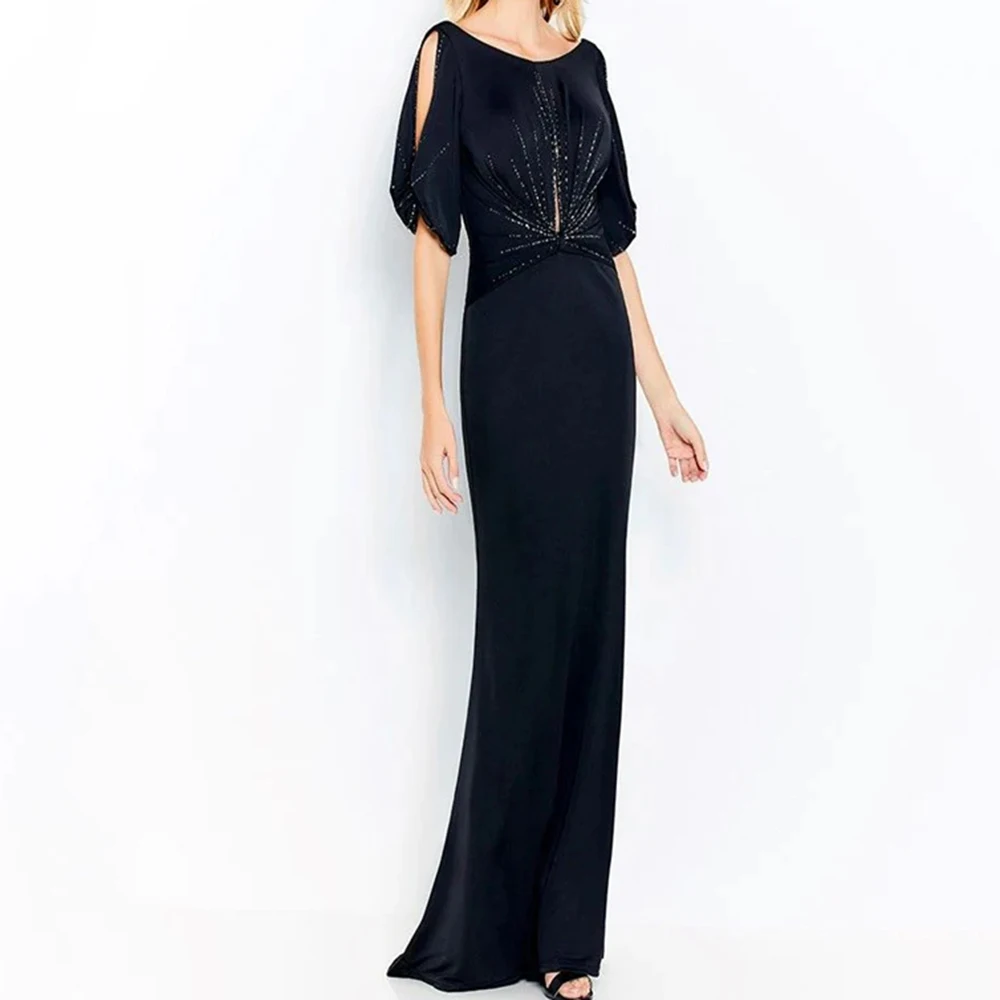 

Customized A-line Evening Dresses Floor-length Scoop-neck Half Sleeve Prom Gown Fashion Crystal Simple Draped Casual Party Gown