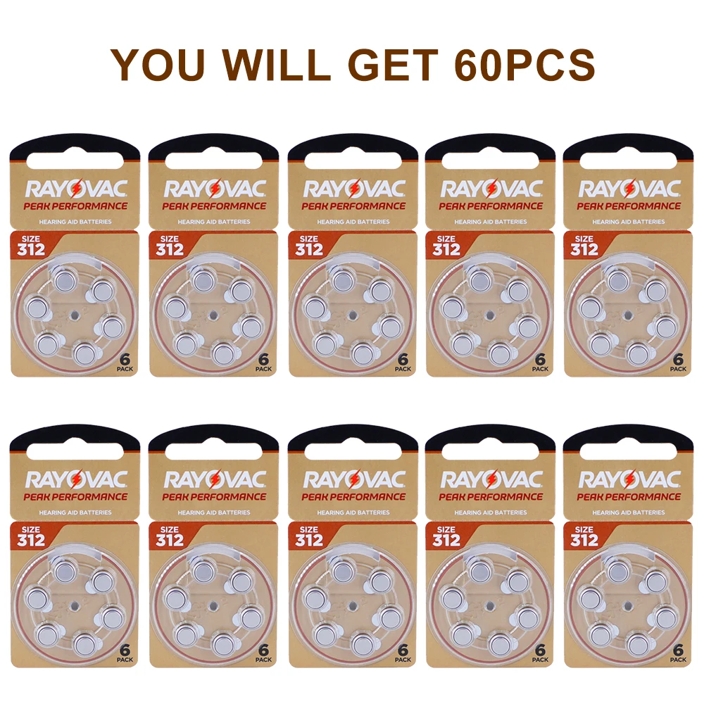60PCS Rayovac PEAK High Performance Hearing Aid Batteries 312 312A A312 PR41. Zinc Air Battery For BTE CIC RIC OE Hearing Aids