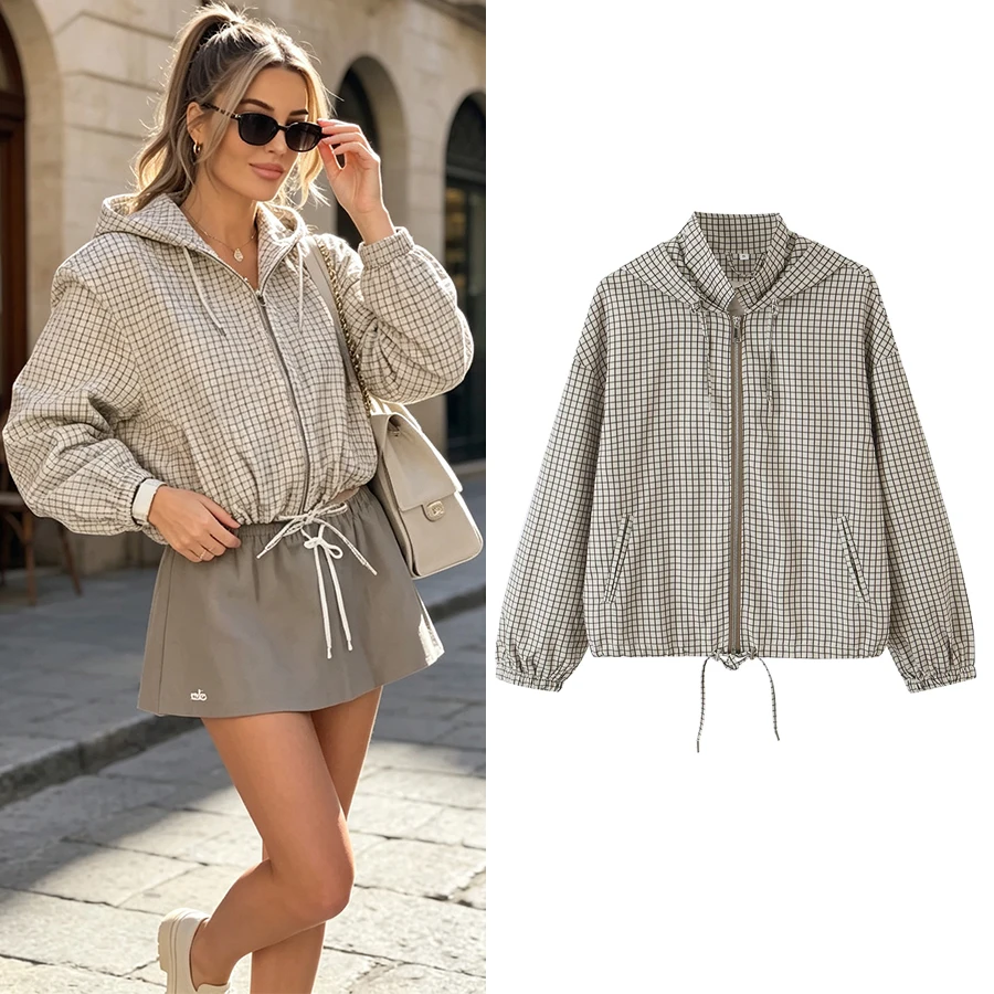 Women Autumn Plaid Hooded Cropped Jacket Women 2026 New Zipper Drawstring Hem Long Sleeve Loose Casual Outerwear Lady Outfit