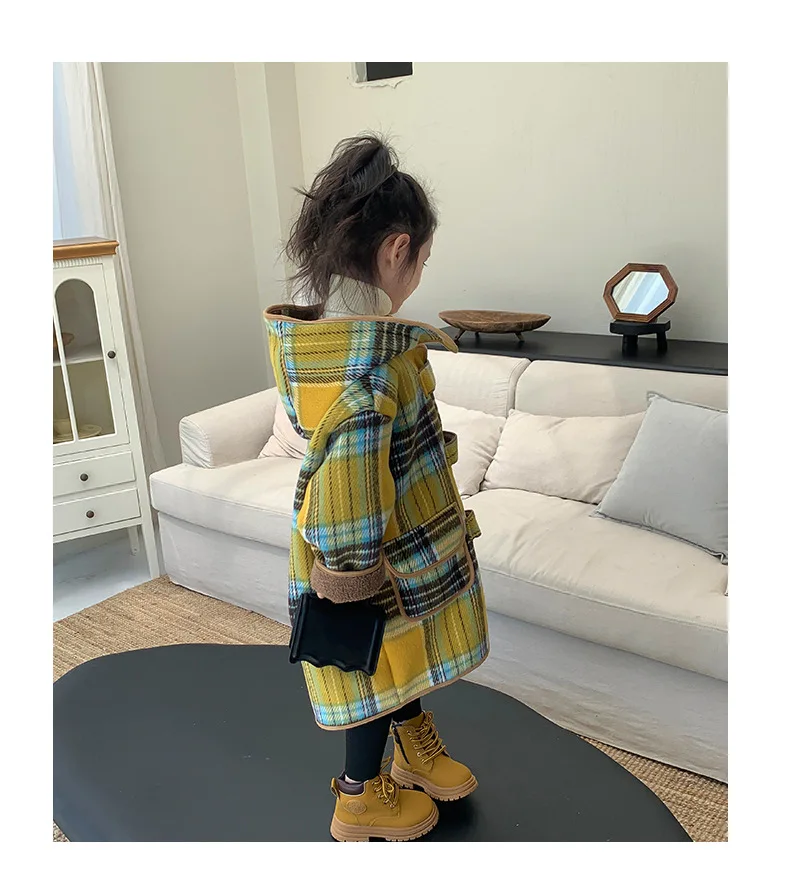 Girl Top 2023 New Autumn Winter Fashion Style Plaid Fur Long Hooded Coat Baby Girl Fleece Thick Outerwear Children Clothes image 5