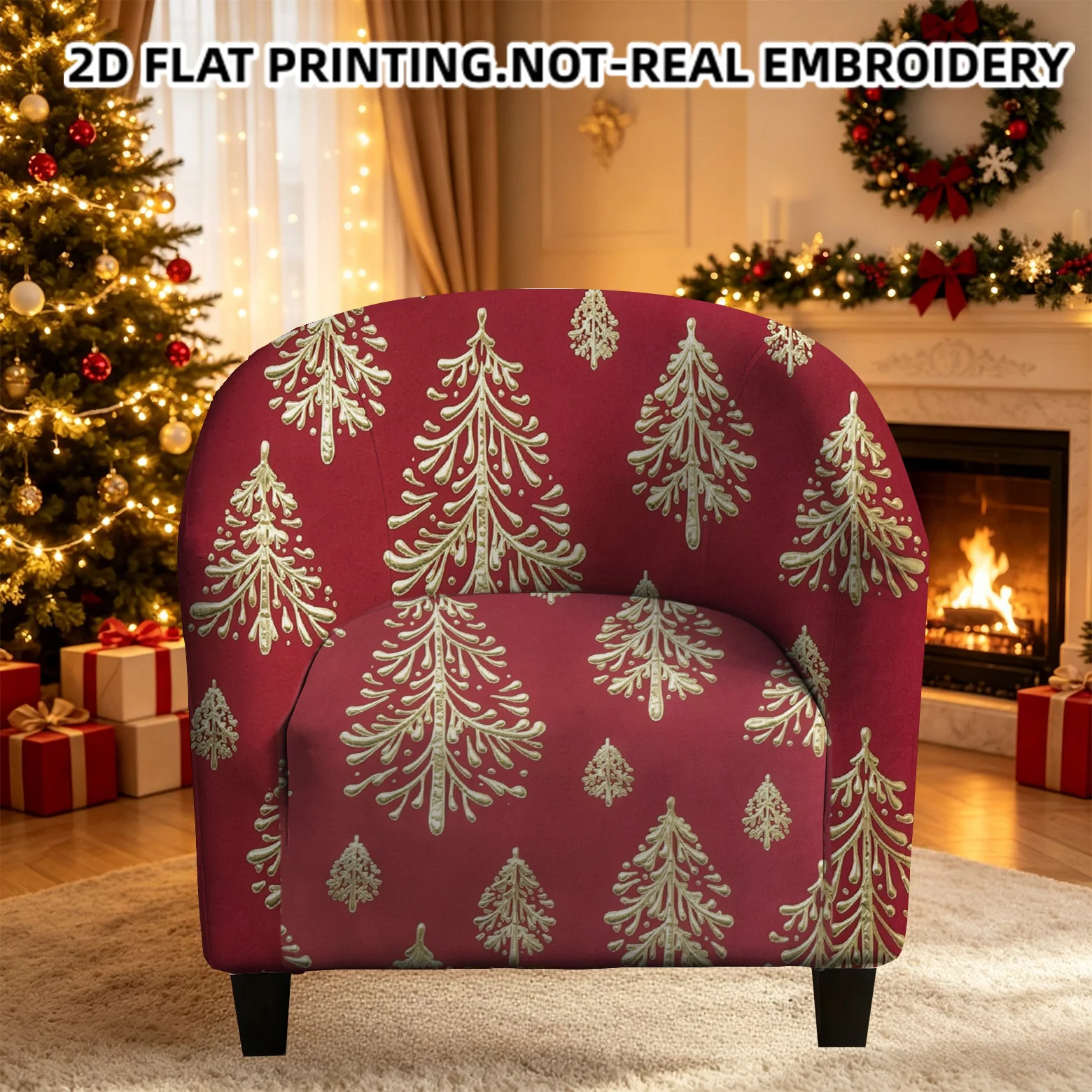 Luxury seamless pattern foil-look golden Christmas trees printed armrest sofa cover, 2D printed elastic single club sofa cover