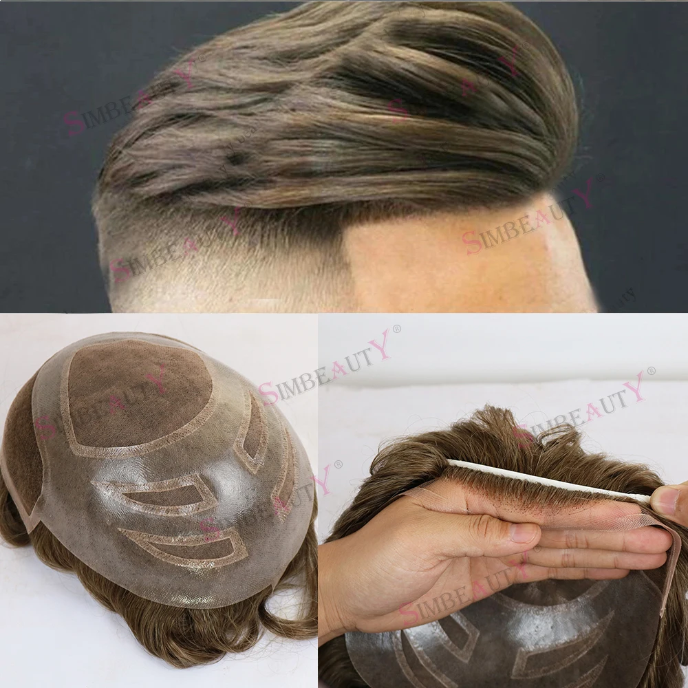 Rubio ceniza ventilado frente de encaje suizo prótesis de cabello humano gris sistema de reemplazo de peluquín para hombres de larga duración nudos blanqueados línea del cabello