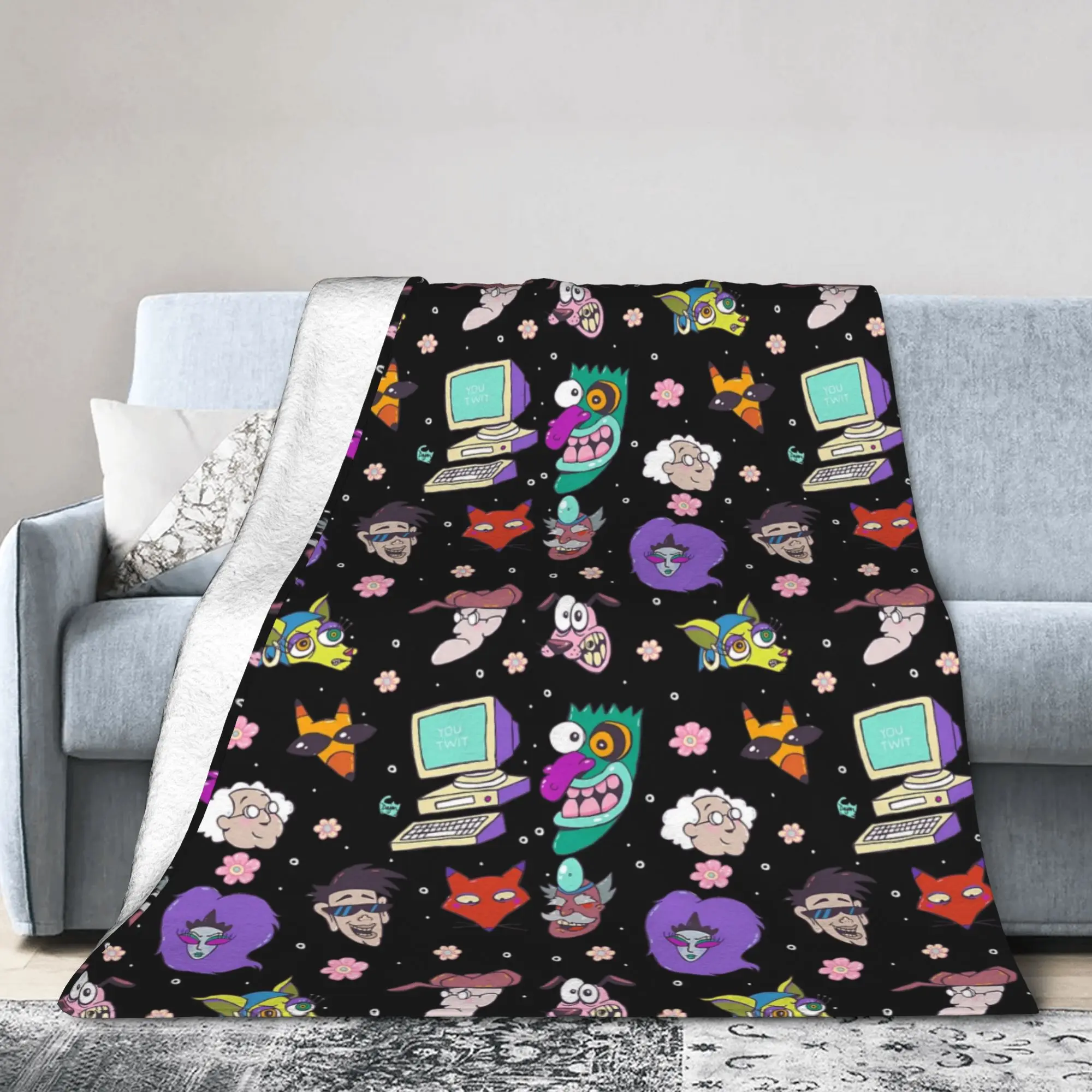 Couraged Cowardlys Dogs Knitted Blanket Fleece Cartoon Lightweight Thin Throw Blanket for Car Sofa Couch Bed Rug