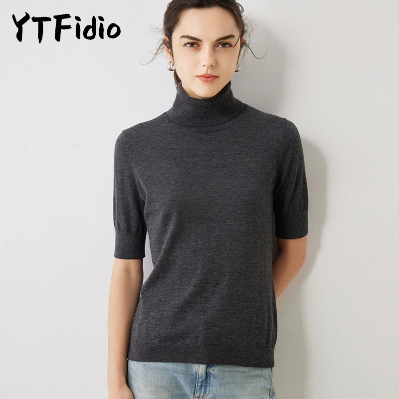 

YTFidio 100% Cashmere Women High Lapel Half Sleeve Turn down Collar Mock Neck Slim Solid Soft Warm Elastic Pullover Tops 45