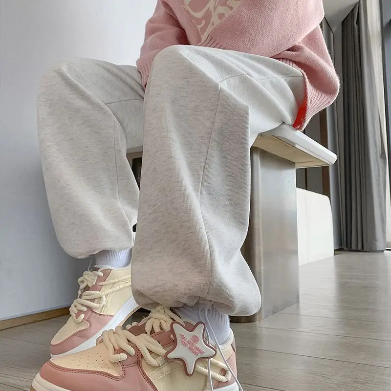 Womens American Style White Gray Sweatpants Drawstring Cuffed Wide Leg Loose Casual Joggers Spring Fall New