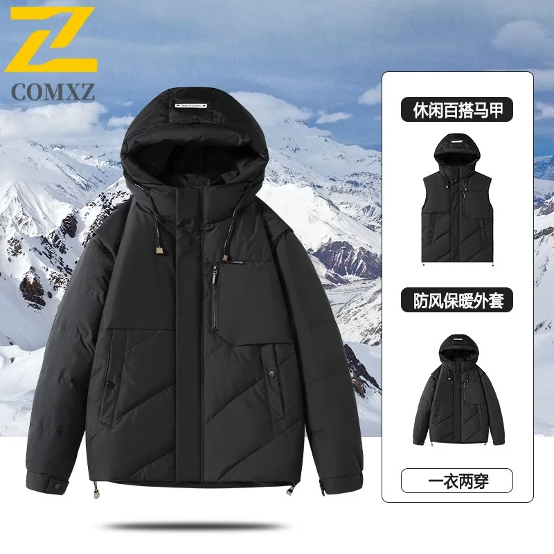 

COMXZ мужской пуховик 2025 ветрозащитный уличный теплый пуховик премиум-класса со съемным капюшоном легкое зимнее пальто