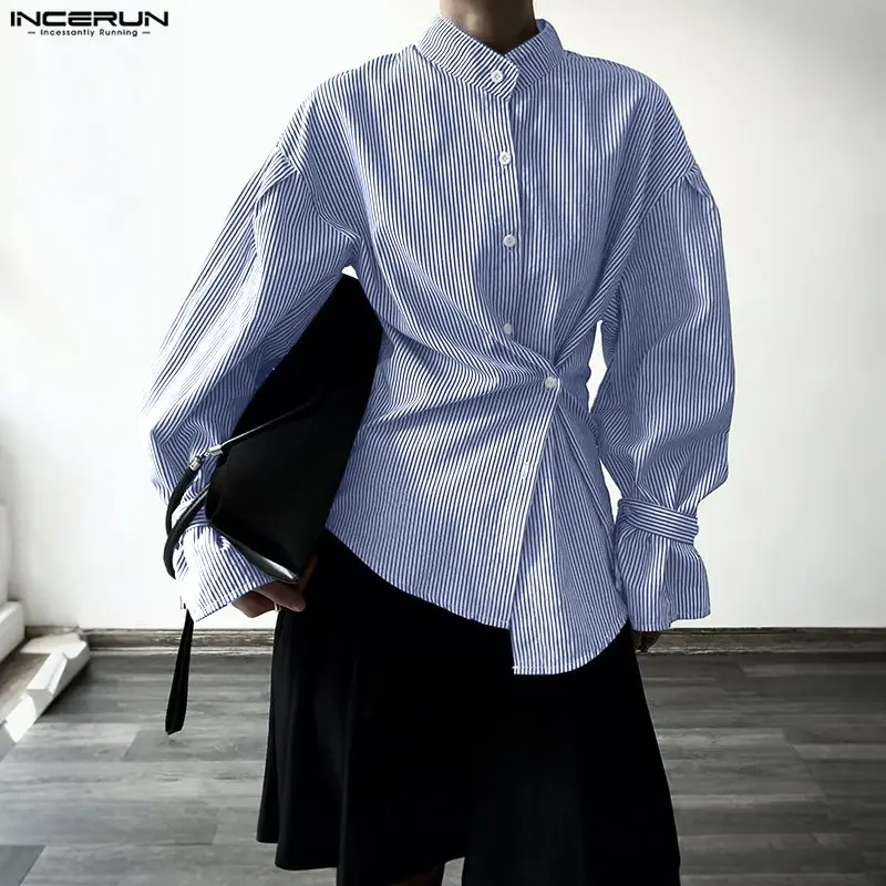 

INCERUN Men Striped Shirt Stand Collar Long Sleeve Button Casual Men Clothing Streetwear Loose Fashion Male Tops Camisas S-5XL