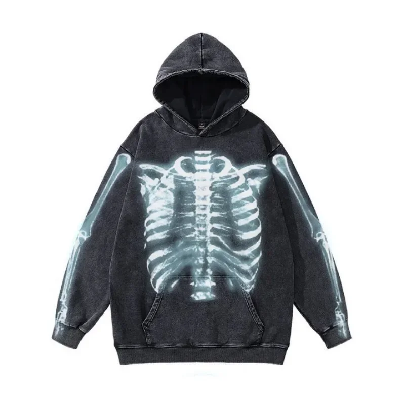 Skull Print Retro Hoodie Women High Street Trend Gothic Sweatshirt Y2K Sweater Ins Loose Couple Street Hooded Sweatshirt Man