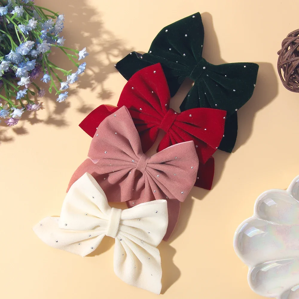 2PCS/Set Girl's Favorite Cute Bow Hair Clip Diamond Embellished Velvet Solid Color Bow Alloy Safe Hair Accessory Kids Gift image 2