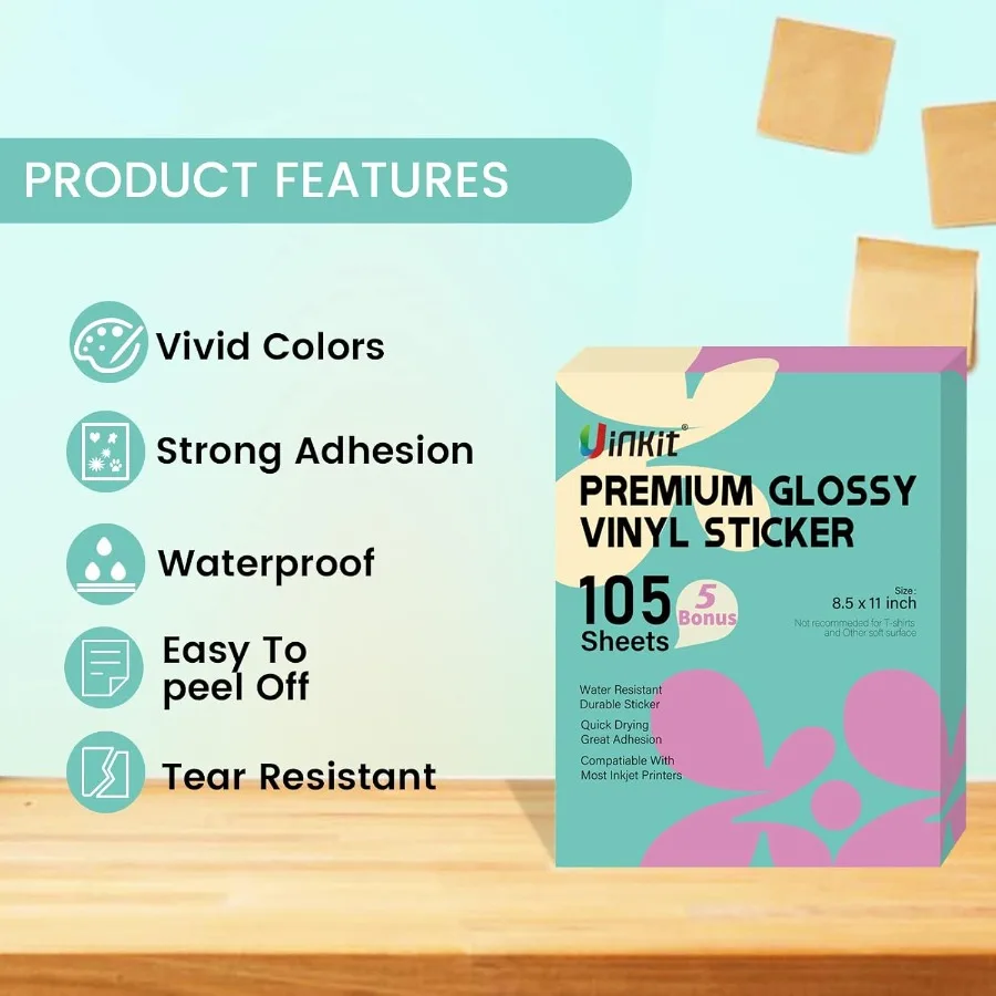 Uinkit 105 fogli di carta adesiva in vinile stampabile premium per stampante a getto d'inchiostro Cricutincluded 100 fogli lucidi e 5 fogli trasparenti