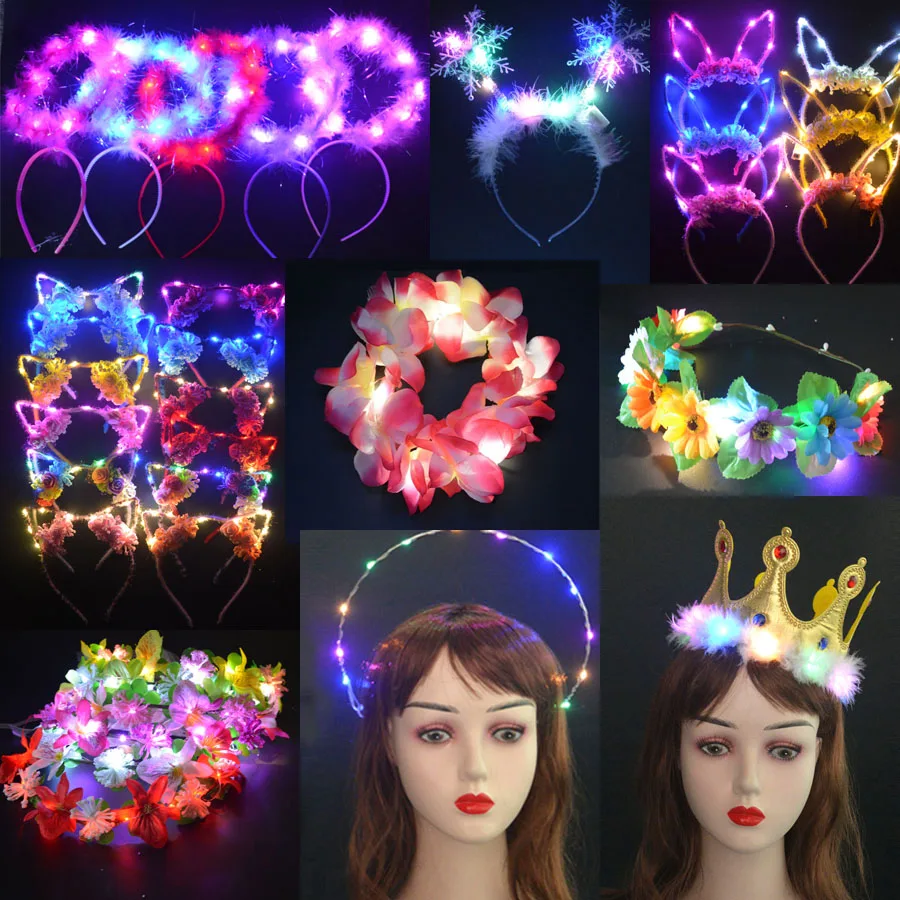 10 piezas de accesorios luminosos para fiestas: Corona de ángel de mariposa, Diadema de orejas de gato y conejo, Corona de flores, Collar de estrella y corazón para bodas y festivales