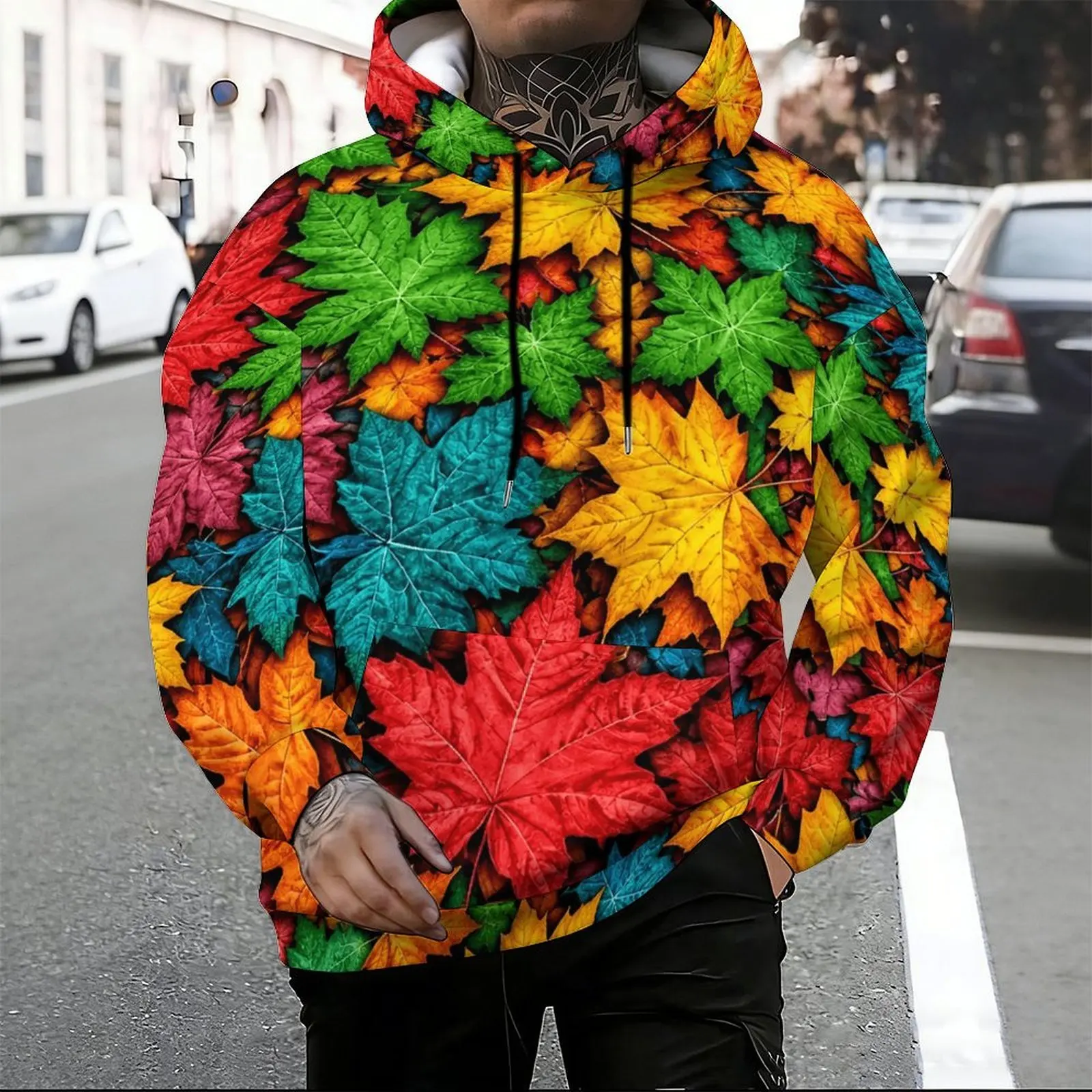 Men All Over Colorful Maple Leaf Printed Long Sleeve Drawstring Hoodie Kangaroo Pocket Pullover