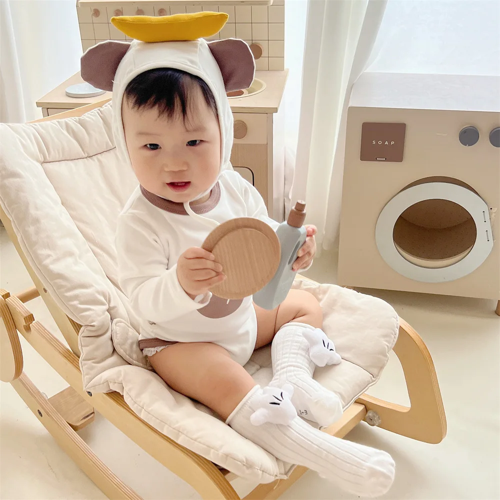 2024 Spring Newborn Cute Monkey Long Sleeve Romper Girl Cotton Infant Print Jumpsuit+Banana Cap 2pcs Boy Toddler Onesie Clothes