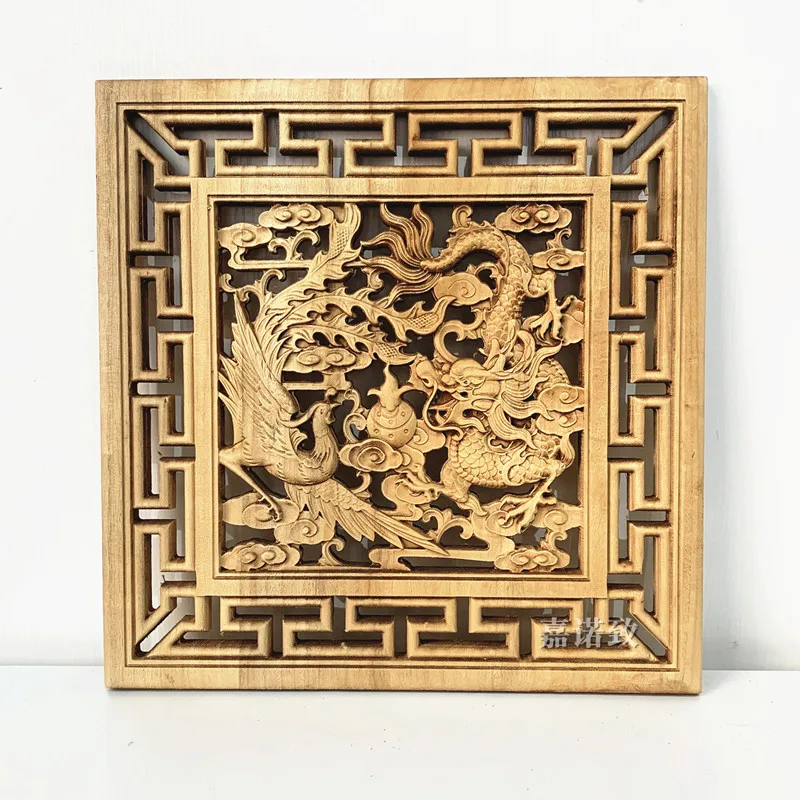Camphor Wood Carving Wall Art - Hollow Dragon & Phoenix Design | Classic Chinese Style Decor for Entryway or Background Walls