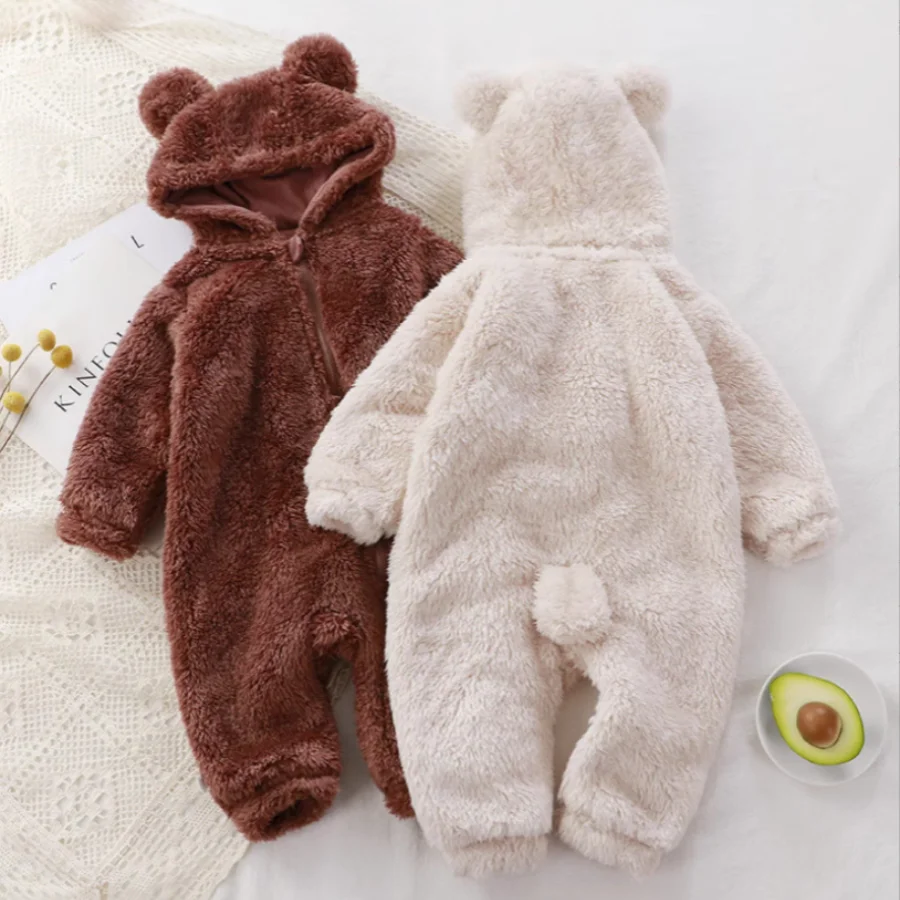 Thick Warm Baby Rompers Cute Winter Infant Jumpsuits Hooded Coral Fleece Shape Newborn Soft Pajamas Overalls Clothing