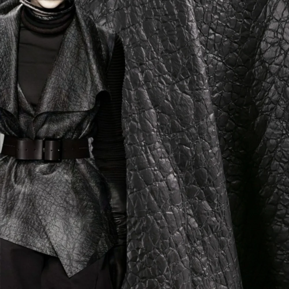 

Black Leather Fabric Crack Creative Coating Vintage Clothing Designer Fabric for Clothes PU Polyester Material By The Meters