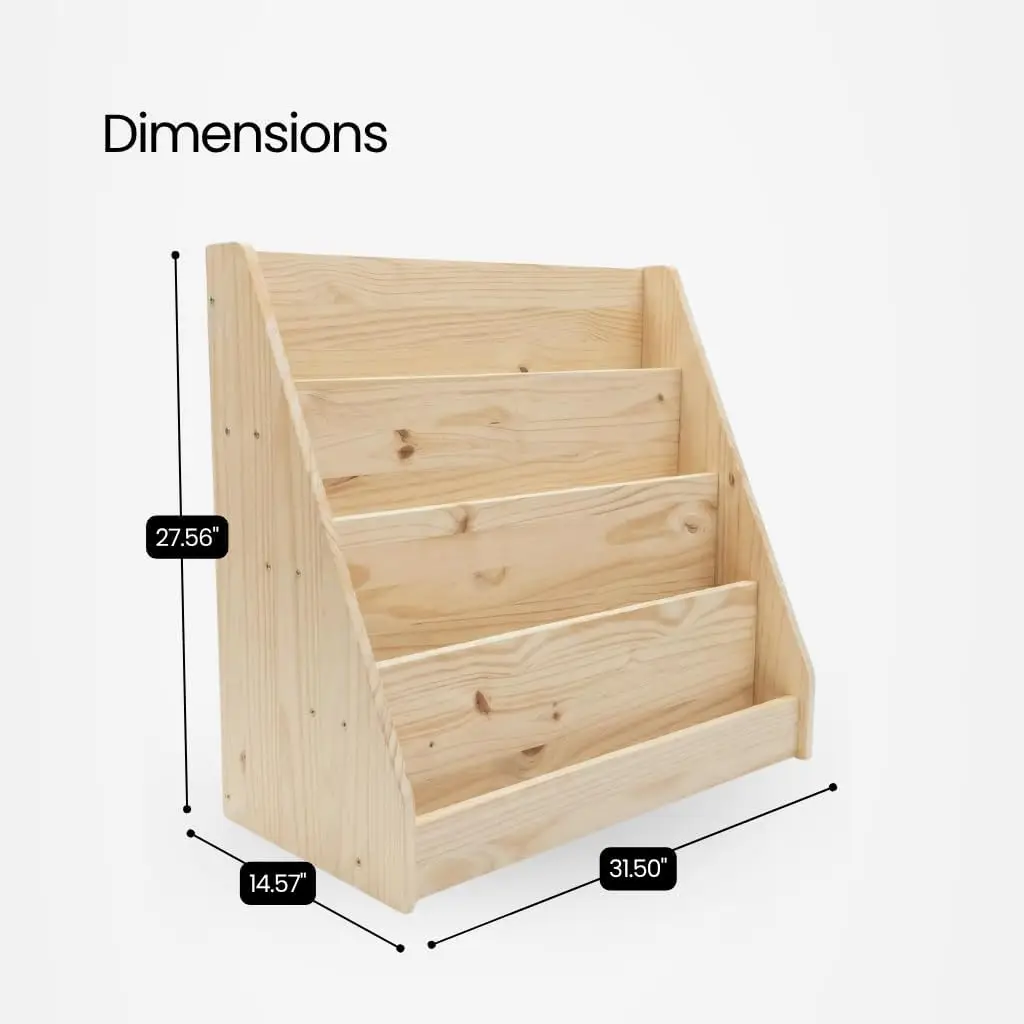 Montessori Kids Bookshelf Solid Pine 4 Tier Forward Facing Design 27.5 H 31.5 W Nursery Playroom Toddler Room Storage Unfinished