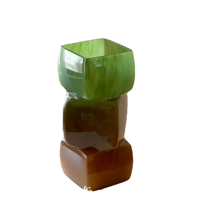 

New Chinese-style glazed square mouth vase niche water-raised flowers geometric green glass flower ornament