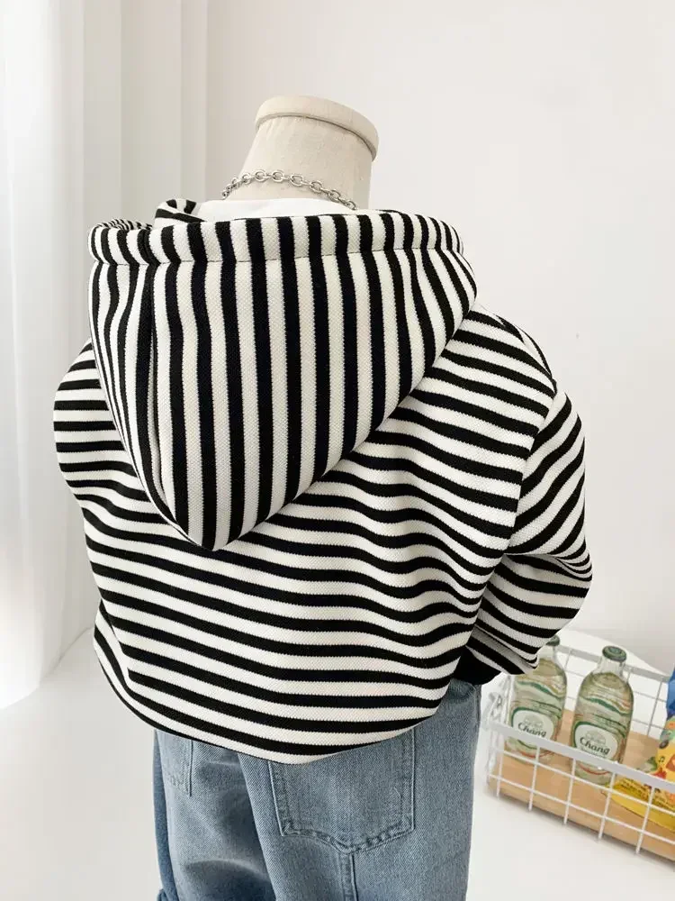 2-9Y Boys' Striped Zipper Jacket Spring and Autumn 2026 New Korean Children's Casual Hoodie Thin Cardigan Coat Baby Girl Clothes