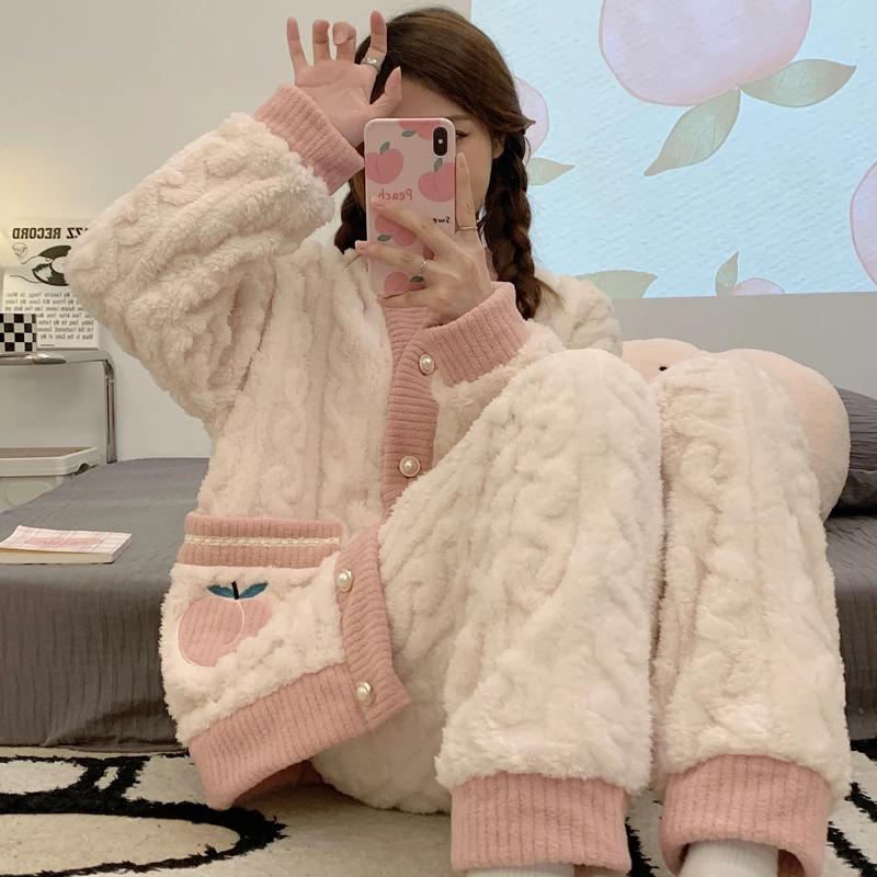 

2024 New Spring Autumn Winter Extra Warm Pajamas Set Women Coral Fleece Thickened Pijama Peach Girls Soft Furry Pyjama Home Suit