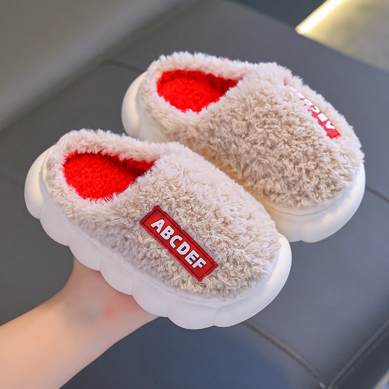 Fashion Concise Winter Warm Indoor Closed-toe Mule Soft Non-slip Kids Fluffy Slippers For Girls Boys Children Home Cotton Shoes