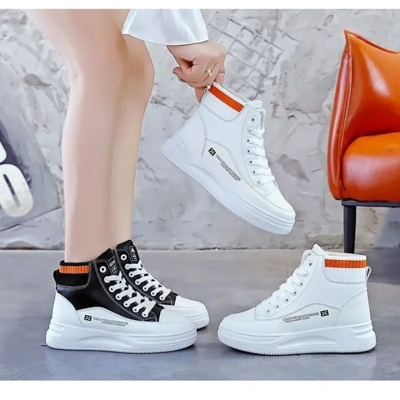 Spring Women Platform Sneakers High Top Fashion Breathable White Sport Shoe PU Leather Tennis for Women Baskets Femme Compensées