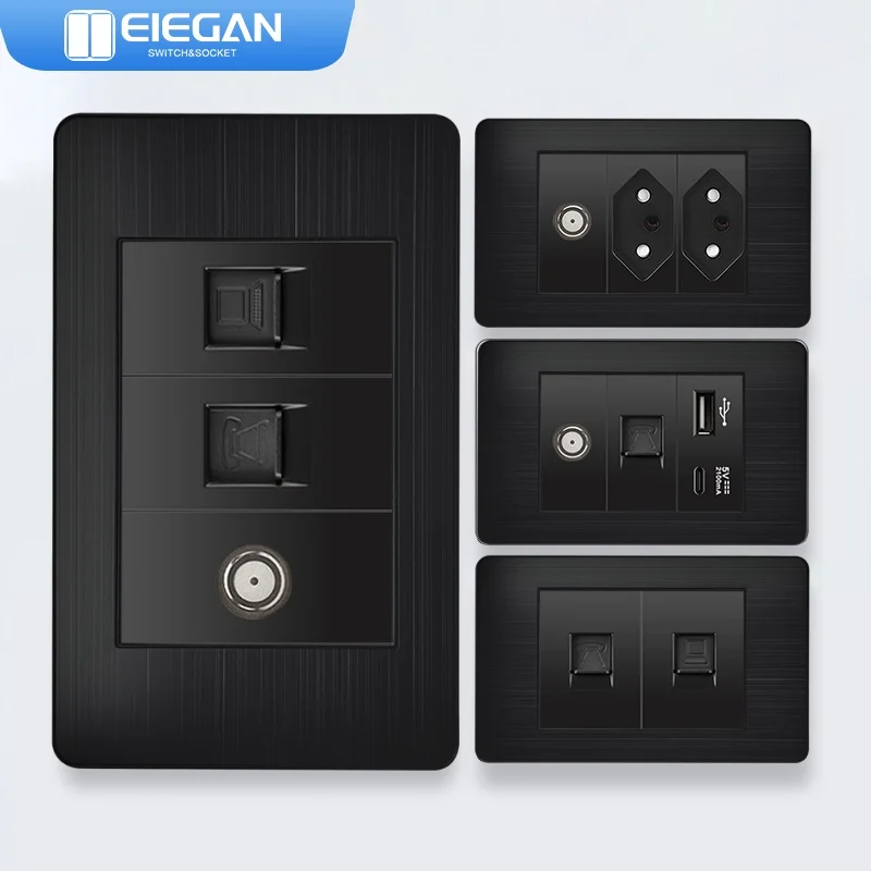 

ELEGAN Stainless steel black panel series Brazil standard switch 10A 20A socket Computer USB Type C wall power socket 20W