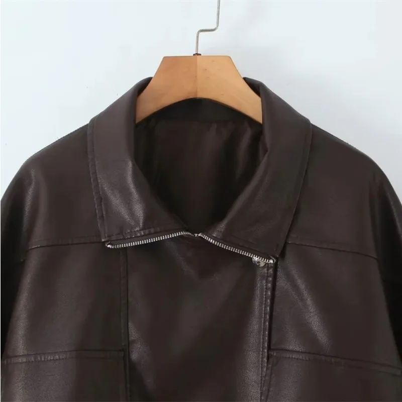 Black and Rown Loose Casual Leather Jackets Short Top Retro Locomotive Design Lapels Spliced Coat Fashion Women's Leather Jacket