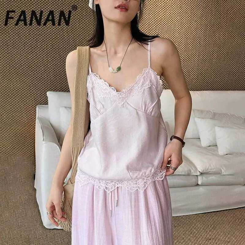 FANAN 2026 New Summer French-style Relaxed And Casual V-neck Lace Trim Spliced Camisole Top For Women, Delicate And Slimming