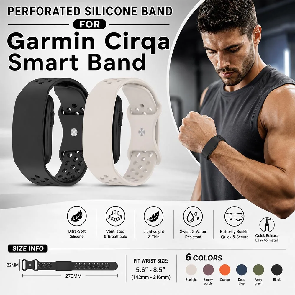 Silicone Strap for Garmin Cirqa Smart Band Fitness Tracker Breathable Replacement Wristband Adjustable for Garmin Cirqa Band