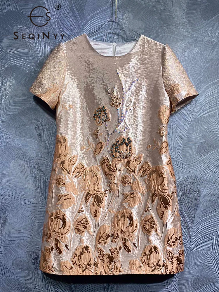 

SEQINYY Elegant Mini Dress Summer Spring New Fashion Design Women Runway Short Sleeve Vintage Flower Jacquard High Street