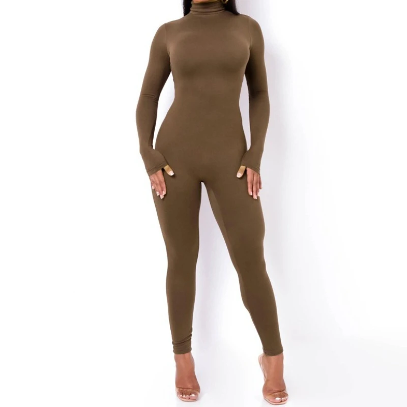 

Женский комбинезон, осенняя новая мода, высокий воротник, длинный рукав, высокая талия, штаны для йоги, женские офисные элегантные повседневные тонкие комбинезоны