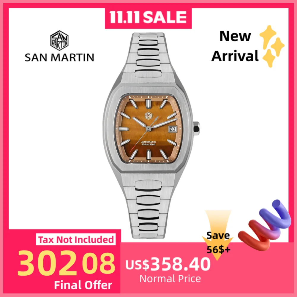 

San Martin 39.5mm Barrel Shaped Gemstone Dial PT5000 SW200 Men Watch Mechanical Self-Wind 3H Date Dress BGW-X1 10Bar Swim SN0145