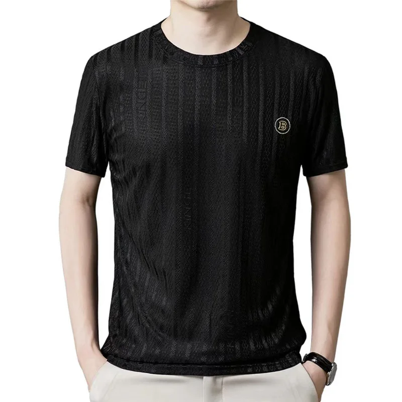 GELITAYIN Men's Fashion Textured Line Short-sleeved Jacquard Casual Round-neck Ice Silk Top Thin Style Comfortable Lightweight P