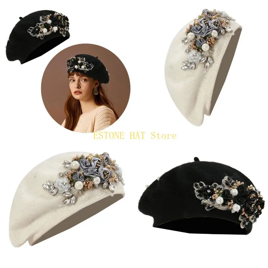 49MF Pearls Studded Girls Casual Painter Hat for Street Photography Club Wear
