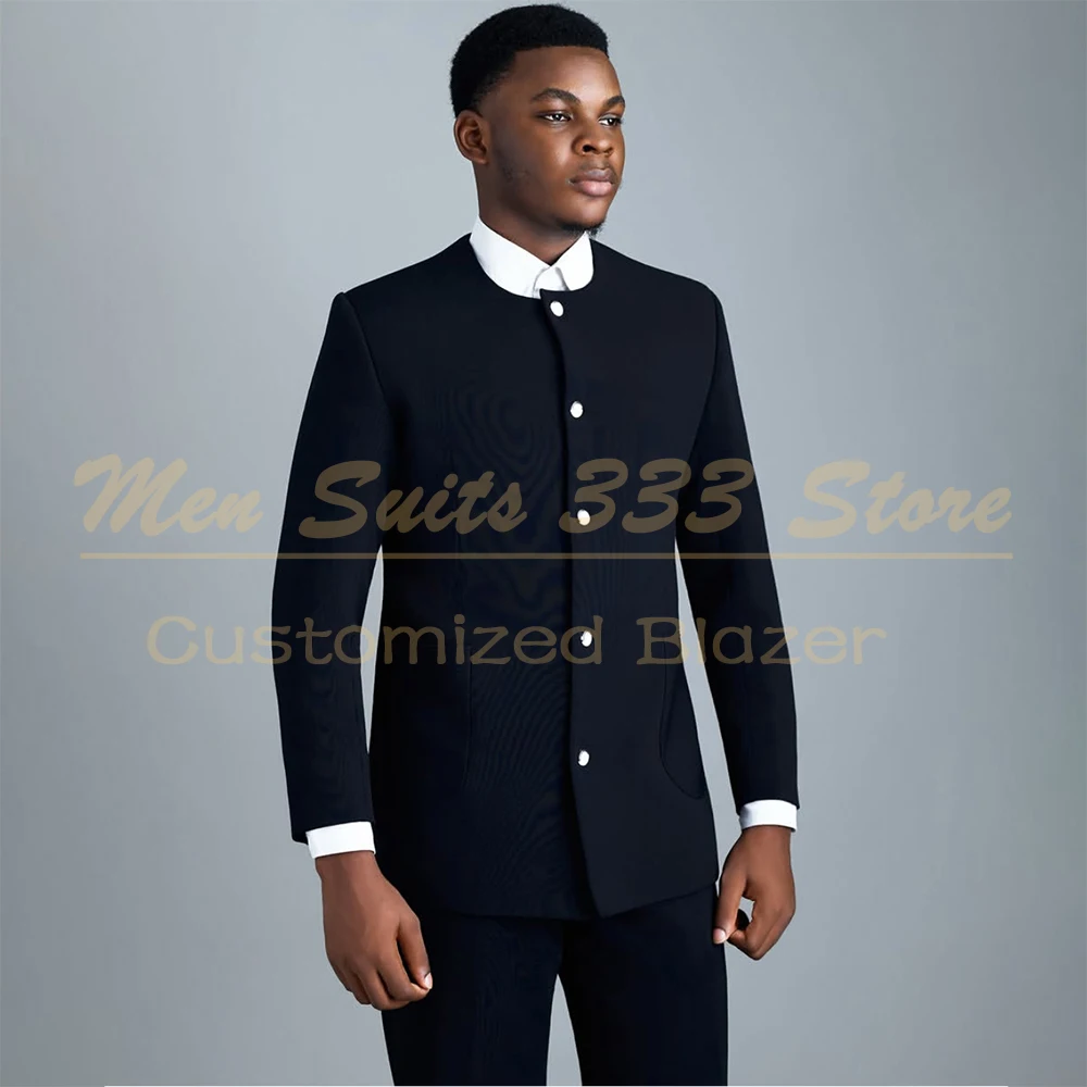 

Navy Blue Men's Suits Fashion Business 2 Piece Jacket Pants Sets High Quality Slim Fit O-Neck Blazer High Quality Outerwear