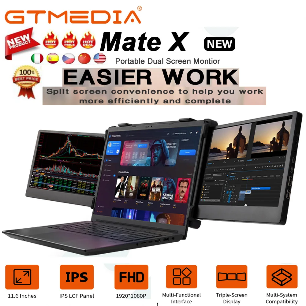 [Genuine]Best GTMEDIA Mate X 11.6 Inch Portable Monitor Attachable Dual Screen 195 Degree Rotation Monitor Built-in Dual Speaker