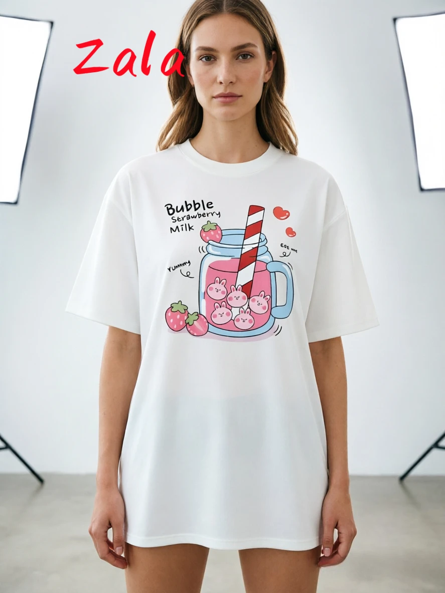 Delicious Strawberry Drink Printed Women's T-shirt Summer Breathable Street Casual Sports Short Sleeve Women Clothing Y2K