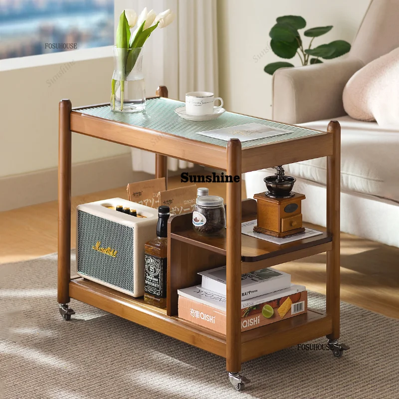 Solid Wood Glass Coffee Tables Living Room Furniture Sofa Tea Side Table Household Movable Bedroom Side Table Shelving