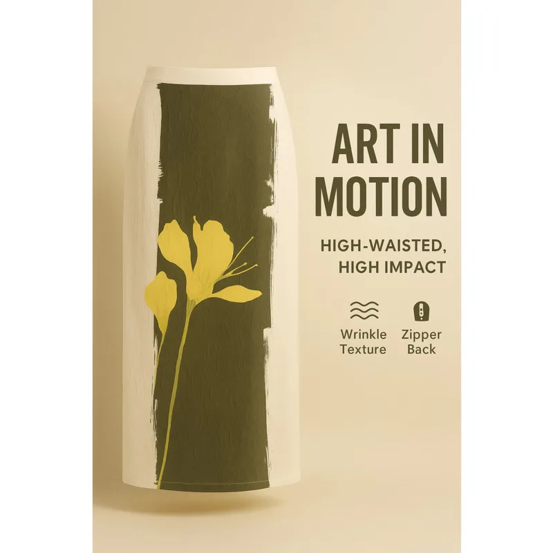 

2025 Autumn New Women's Casual Fashion Simple Straight Hem Slit Contrast Color Print Wrinkle Effect Midi Skirt