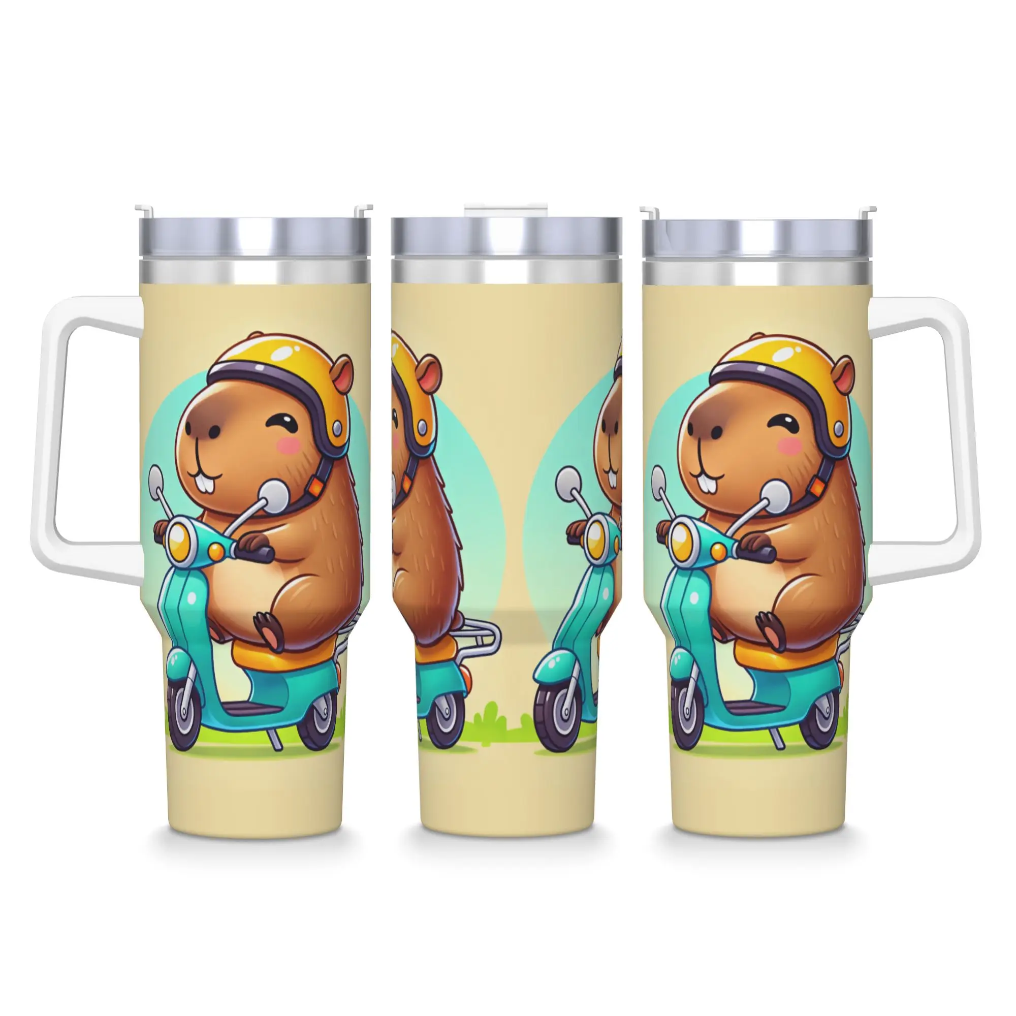 Cute Capybara Riding Scooter Yellow Helmet Cartoon Stainless Steel Tumbler  Driving Car Mugs 40oz Coffee Mug Tea Water Bottle